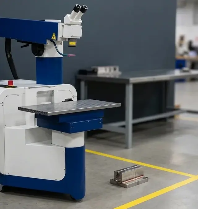 Mobile Nd:YAG laser welding system with articulated head in workshop bay, metal part with laser weld in foreground Mobile Nd:YAG laser welding system with articulated head in workshop bay, metal part with laser weld in foreground