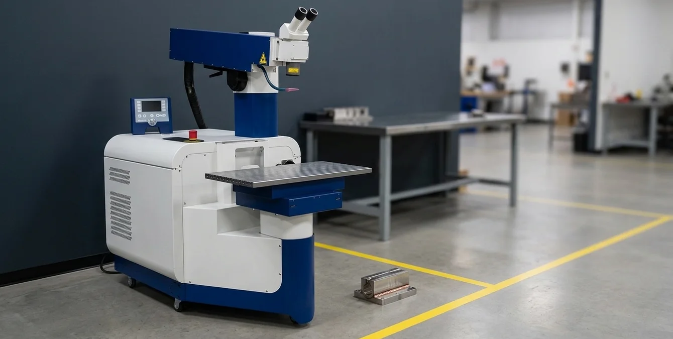 Mobile Nd:YAG laser welding system with articulated head in workshop bay, metal part with laser weld in foreground Mobile Nd:YAG laser welding system with articulated head in workshop bay, metal part with laser weld in foreground