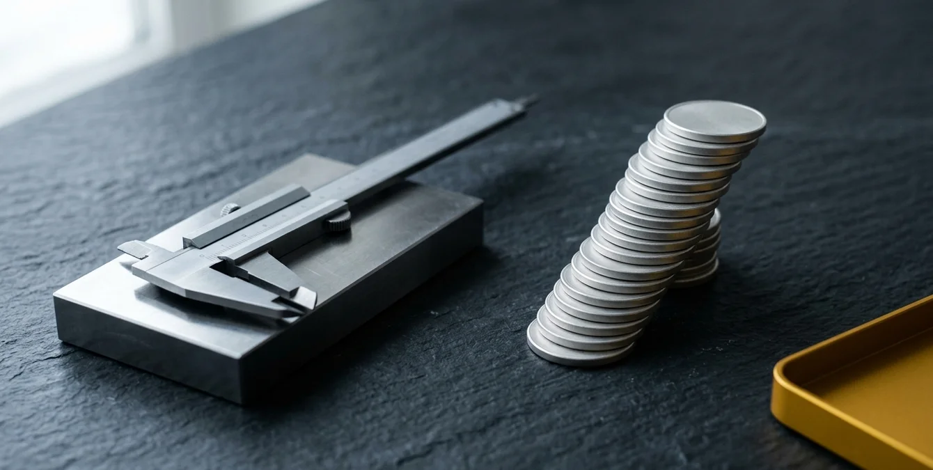 Still life of caliper on gauge block with ascending coin stacks and yellow tool tray edge symbolizing precise fault diagnosis and cost efficiency Still life of caliper on gauge block with ascending coin stacks and yellow tool tray edge symbolizing precise fault diagnosis and cost efficiency