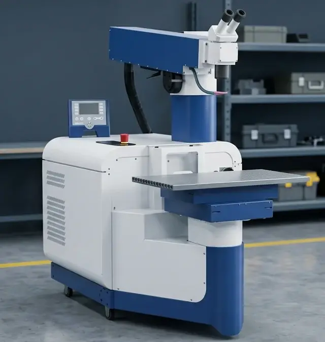 Stationary high-precision fibre laser welding machine in tidy industrial workshop with yellow floor line and diagnostic tablet Stationary high-precision fibre laser welding machine in tidy industrial workshop with yellow floor line and diagnostic tablet
