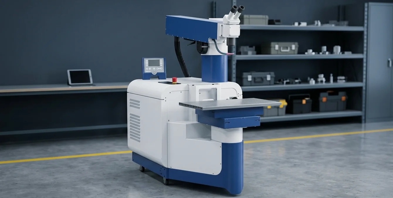 Stationary high-precision fibre laser welding machine in tidy industrial workshop with yellow floor line and diagnostic tablet Stationary high-precision fibre laser welding machine in tidy industrial workshop with yellow floor line and diagnostic tablet