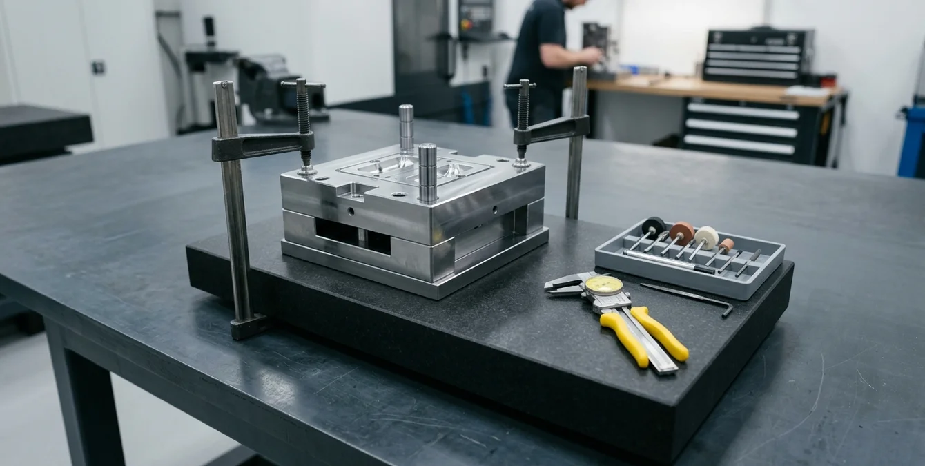 Polished mold base on granite table with yellow-handled caliper and finishing tools illustrating mold repair planning Polished mold base on granite table with yellow-handled caliper and finishing tools illustrating mold repair planning