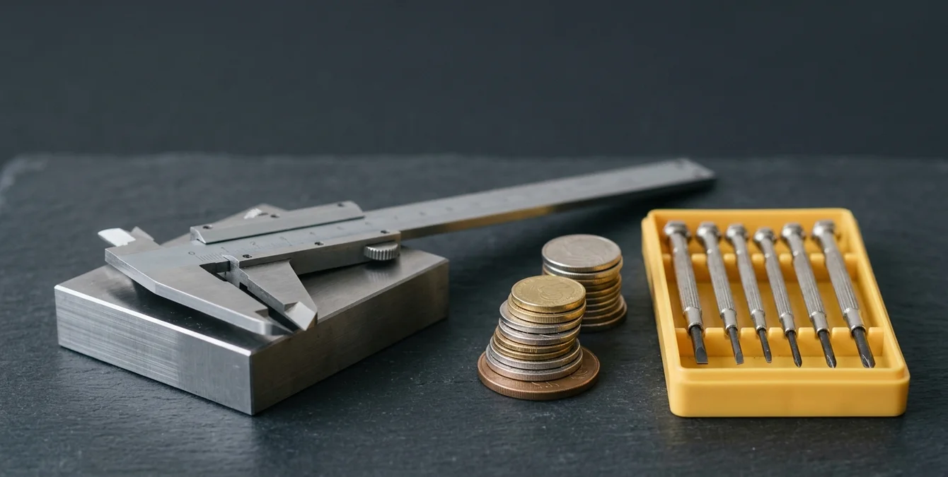 Still-life of polished caliper on gauge block, ascending coin stacks, and yellow tool tray symbolizing preventive maintenance and operator training Still-life of polished caliper on gauge block, ascending coin stacks, and yellow tool tray symbolizing preventive maintenance and operator training