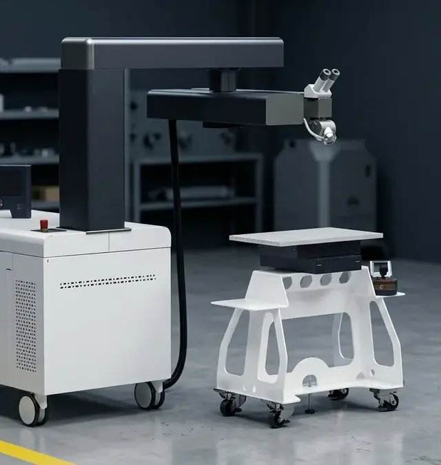 Mobile Nd:YAG-Laserschweißmaschine Sineo Light in sauberer Werkstatt mit gelber Bodenmarkierung Mobile Nd:YAG-Laserschweißmaschine Sineo Light in sauberer Werkstatt mit gelber Bodenmarkierung