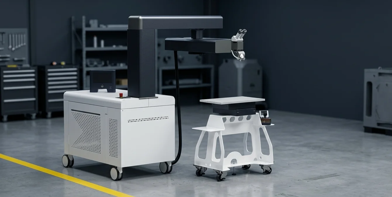 Mobile Nd:YAG-Laserschweißmaschine Sineo Light in sauberer Werkstatt mit gelber Bodenmarkierung Mobile Nd:YAG-Laserschweißmaschine Sineo Light in sauberer Werkstatt mit gelber Bodenmarkierung