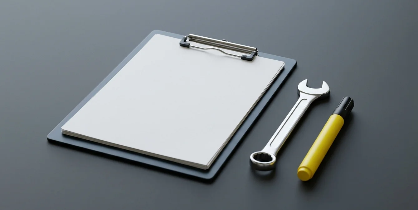 Symbolische Darstellung von vorbeugender Wartung mit Checkliste und Werkzeugen Symbolische Darstellung von vorbeugender Wartung mit Checkliste und Werkzeugen