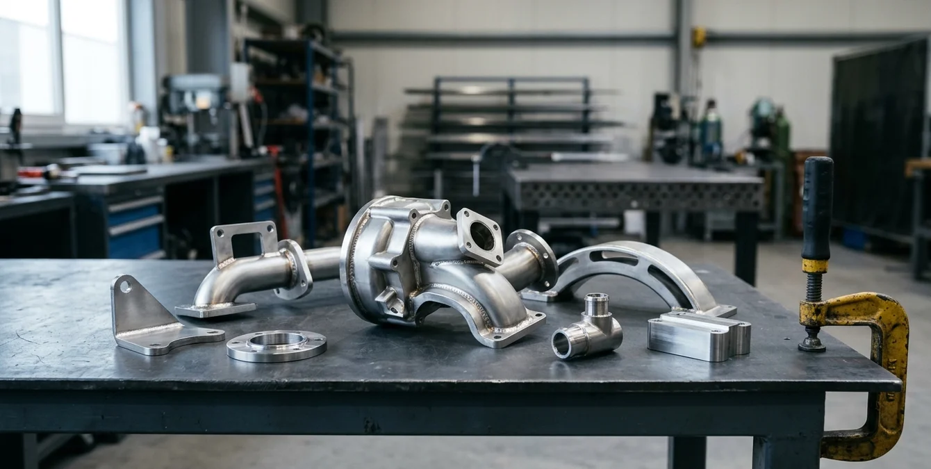 Zerlegte komplexe Metallteile mit makellosen Schweißnähten auf Werkbank in Werkstatt Zerlegte komplexe Metallteile mit makellosen Schweißnähten auf Werkbank in Werkstatt