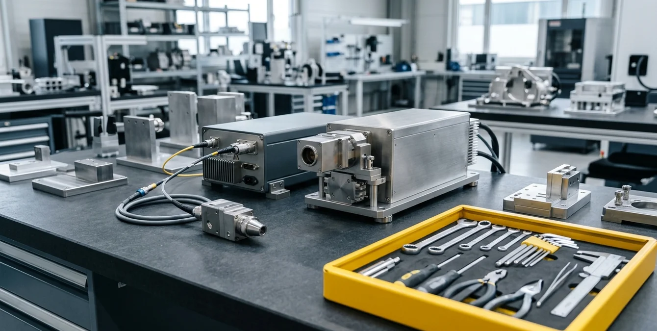 Modulare Laserschweißmodule und Werkzeuge auf Werkbank für schnellen Austausch Modulare Laserschweißmodule und Werkzeuge auf Werkbank für schnellen Austausch