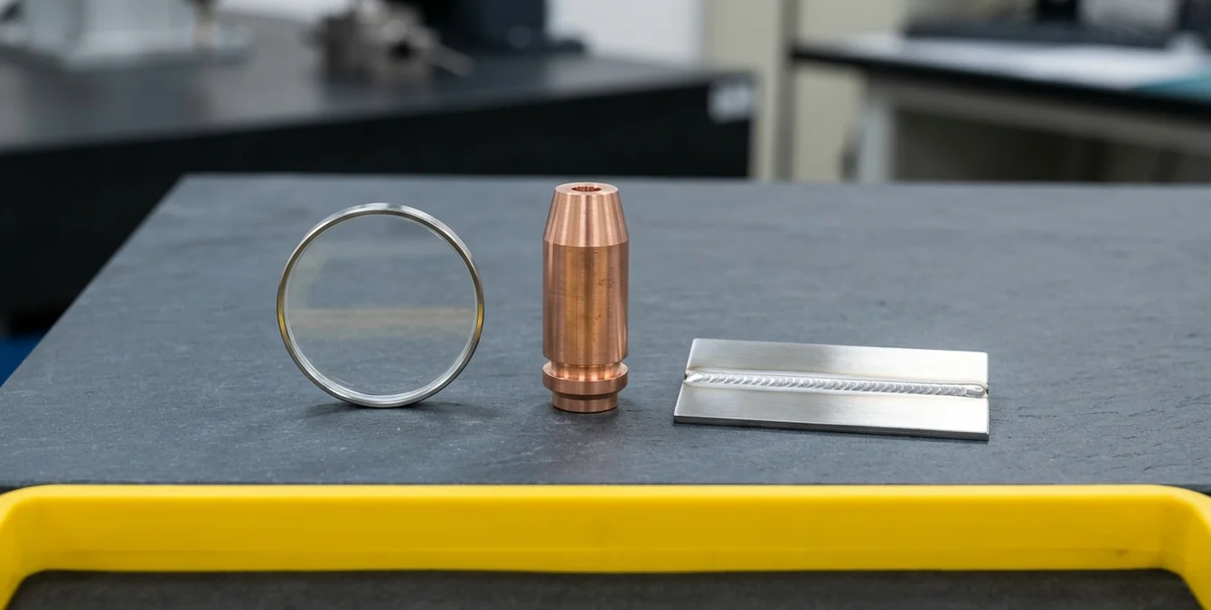 Close-up of worn laser welding consumables and a polished metal sample with perfect weld seam on a dark inspection bench with yellow tool tray edge Close-up of worn laser welding consumables and a polished metal sample with perfect weld seam on a dark inspection bench with yellow tool tray edge