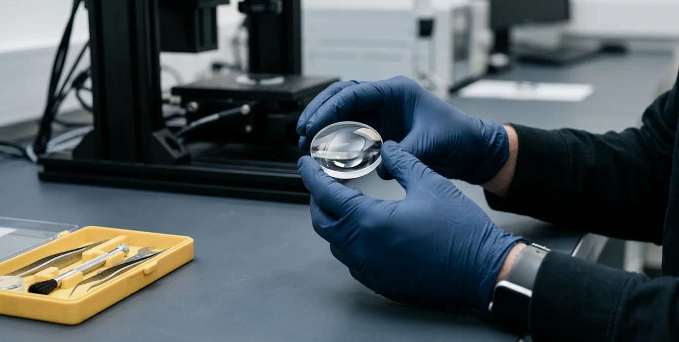 Close-up of technician hands inspecting a precision optical lens on a clean workbench with a yellow tool tray Close-up of technician hands inspecting a precision optical lens on a clean workbench with a yellow tool tray