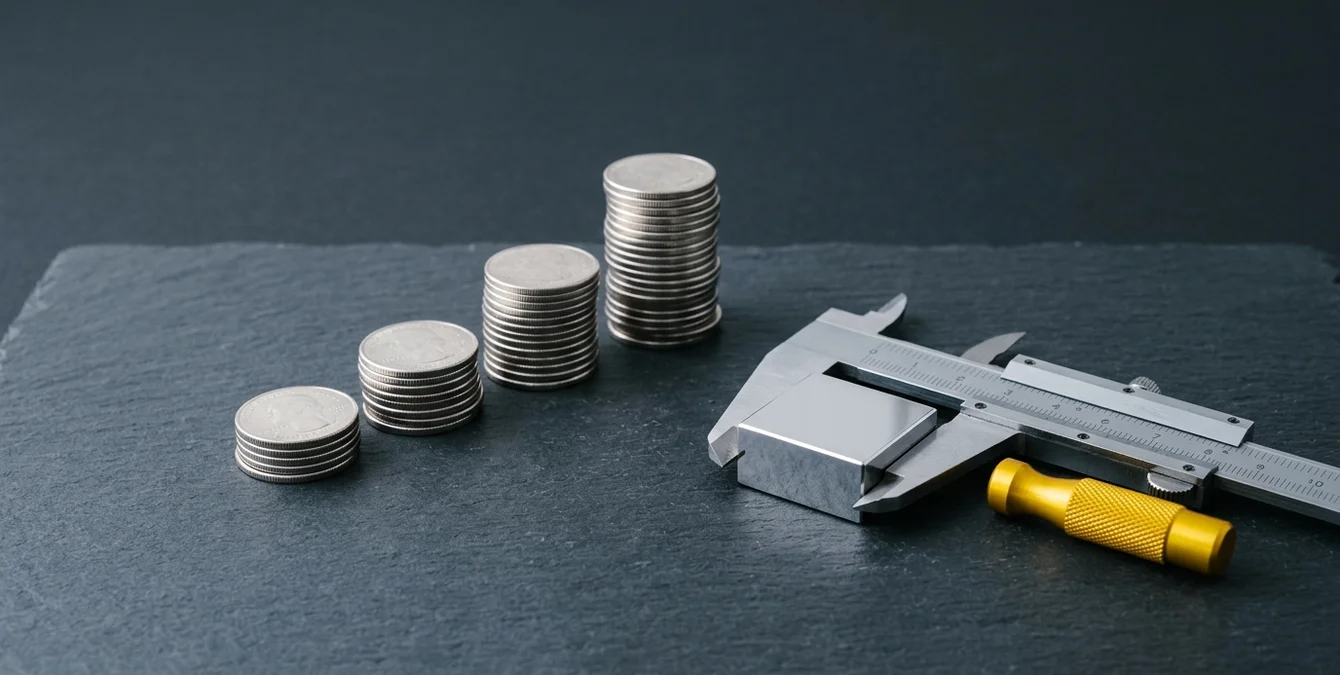 Still life with ascending silver coin stacks, caliper on polished metal block, and a small yellow fixture handle symbolizing investment and precision in mainten Still life with ascending silver coin stacks, caliper on polished metal block, and a small yellow fixture handle symbolizing investment and precision in mainten