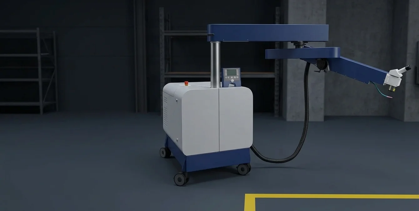Sirius Light mobile Nd:YAG laser welding system showing articulated head with tilting and swivelling optics in a dark industrial workshop. Sirius Light mobile Nd:YAG laser welding system showing articulated head with tilting and swivelling optics in a dark industrial workshop.