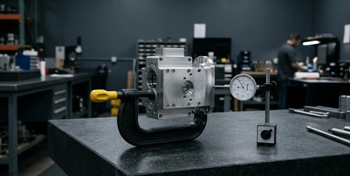 Disassembled precision metal part clamped on granite inspection table with dial gauge in quality control lab Disassembled precision metal part clamped on granite inspection table with dial gauge in quality control lab