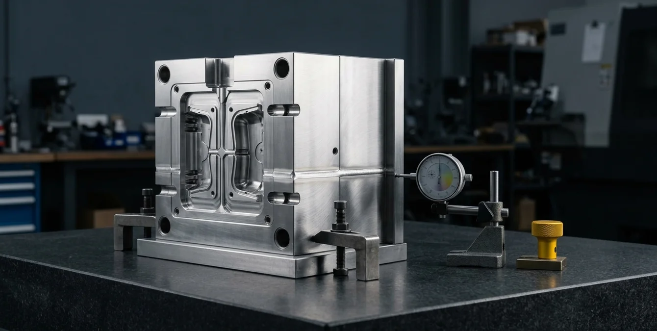 Polished high-value injection mold with immaculate weld seam on granite inspection table with precision gauge and yellow fixture handle in dark workshop Polished high-value injection mold with immaculate weld seam on granite inspection table with precision gauge and yellow fixture handle in dark workshop