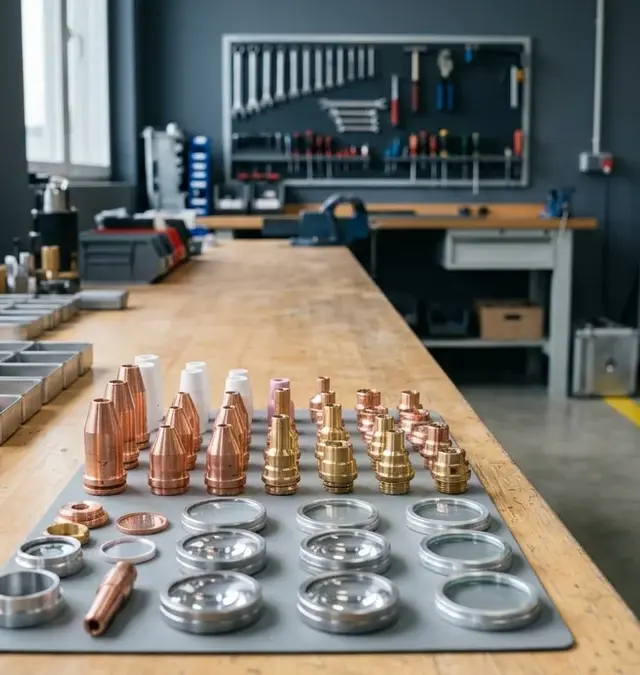 Neatly arranged laser welding spare and wear parts on a clean workshop bench with a yellow floor marking line in a tidy maintenance area Neatly arranged laser welding spare and wear parts on a clean workshop bench with a yellow floor marking line in a tidy maintenance area