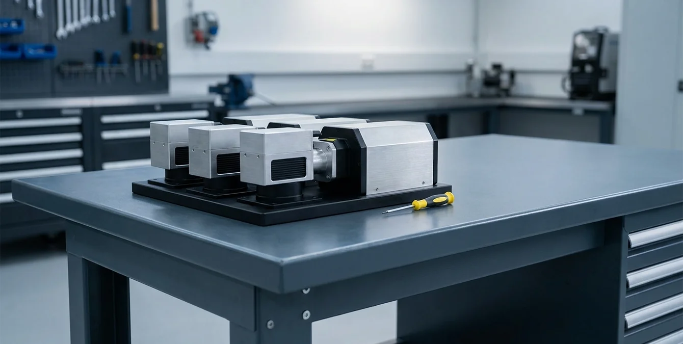 Neatly arranged modular laser welding components on a workbench with a yellow tool handle in a clean service bay Neatly arranged modular laser welding components on a workbench with a yellow tool handle in a clean service bay