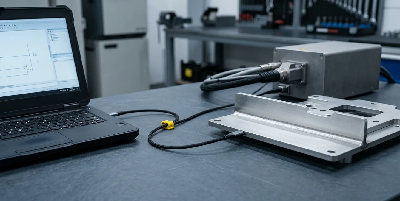 Laptop mit USB-Kabel verbunden mit Laserschweißmaschinenbauteil zur Ferndiagnose Laptop mit USB-Kabel verbunden mit Laserschweißmaschinenbauteil zur Ferndiagnose