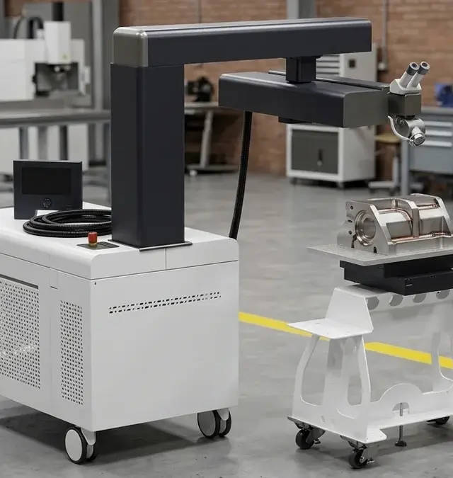 Mobile Nd:YAG Laserschweißsystem Sineo Light mit Schwenkoptik in sauberer Werkstatt mit gelber Bodenmarkierung Mobile Nd:YAG Laserschweißsystem Sineo Light mit Schwenkoptik in sauberer Werkstatt mit gelber Bodenmarkierung