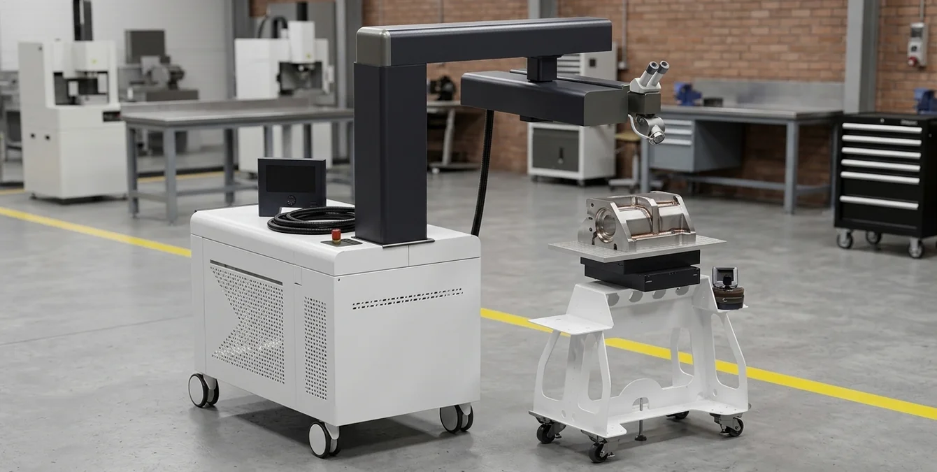 Mobile Nd:YAG Laserschweißsystem Sineo Light mit Schwenkoptik in sauberer Werkstatt mit gelber Bodenmarkierung Mobile Nd:YAG Laserschweißsystem Sineo Light mit Schwenkoptik in sauberer Werkstatt mit gelber Bodenmarkierung