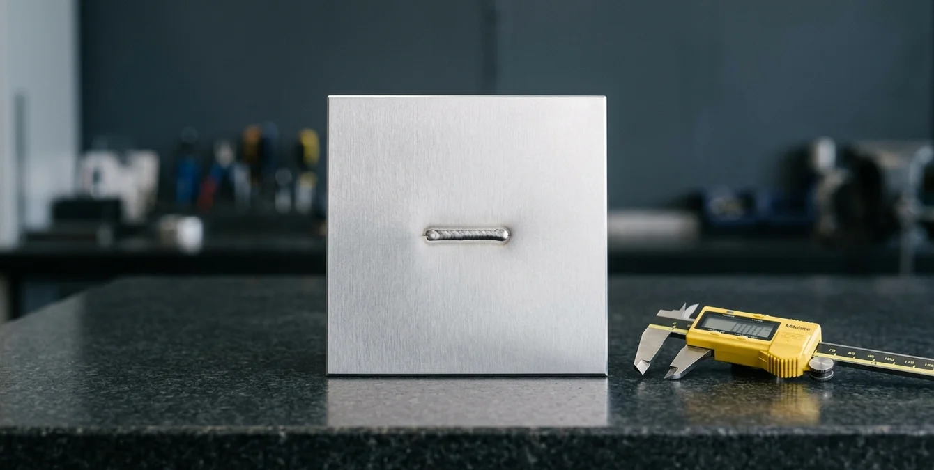 Close-up of a polished heat-sensitive metal plate with a small test weld, inspected on a granite table with a yellow-handled caliper nearby, showing immaculate Close-up of a polished heat-sensitive metal plate with a small test weld, inspected on a granite table with a yellow-handled caliper nearby, showing immaculate